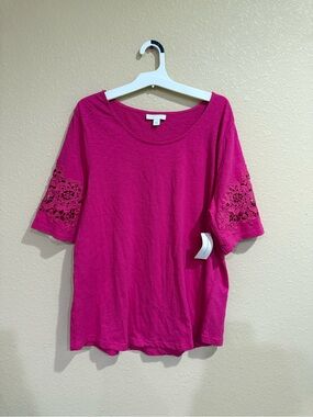 Charter Club Fuchsia Crochet Sleeve Short-Sleeve Tee NEW